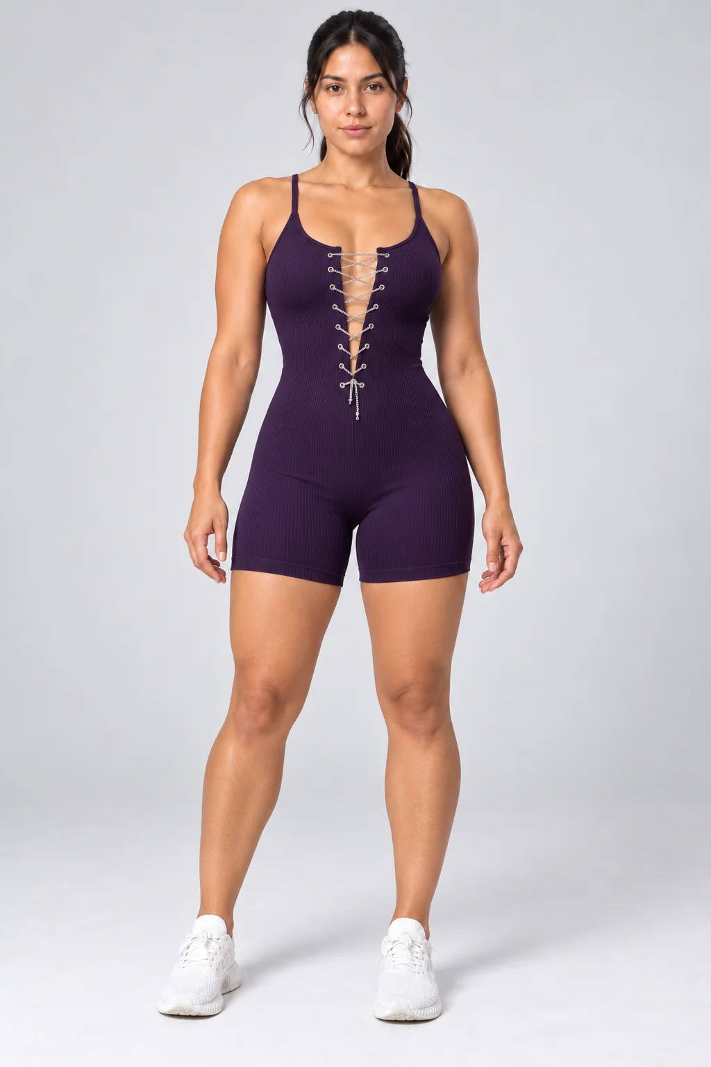 Enterizo Short Push Up Mujer Efecto Corset Deportivo Morado — fotografía 2