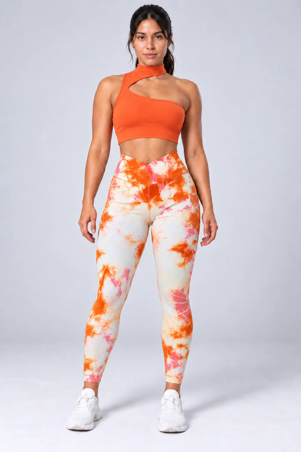 Conjunto Deportivo Push Up Mujer Top Asimétrico Cuello Alto Naranja — fotografía 2
