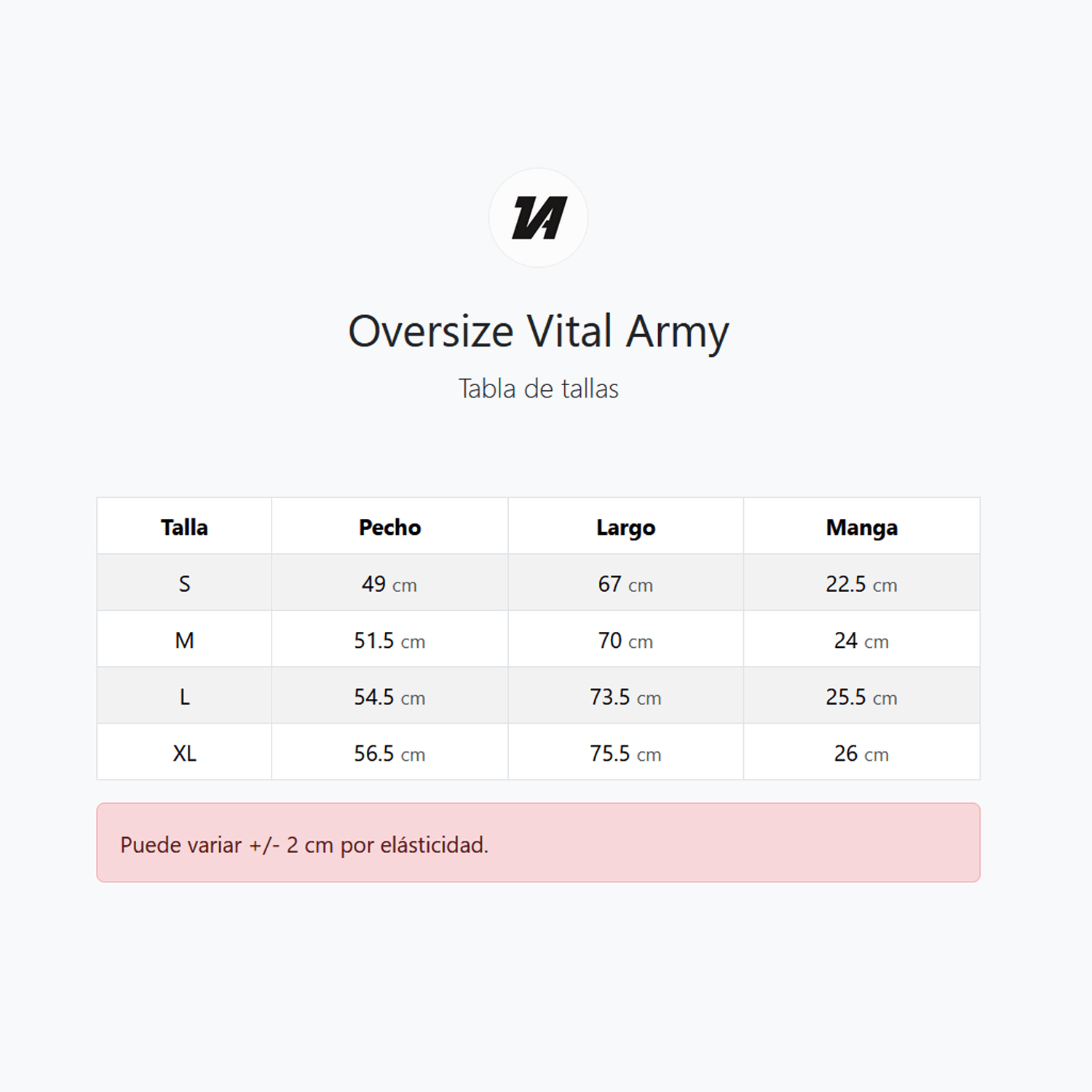 Guía de tallas oversize vital army